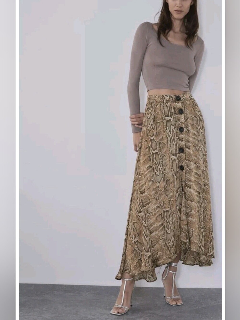 Zara Snakeskin Print Button Front Midi Skirt Size Small